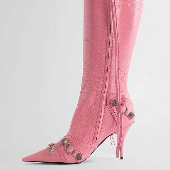 Women's Faux Leather Pink Stiletto Knee High Pointed Toe High Heel Zipper Boots - Picture 2 of 7